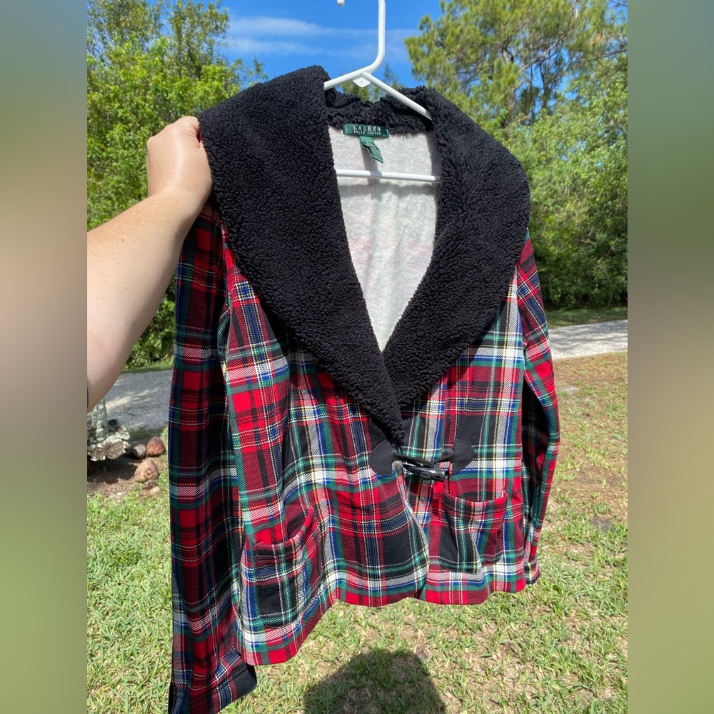 Lauren Ralph Lauren M plaid Sherpa collar blazer toggle closure